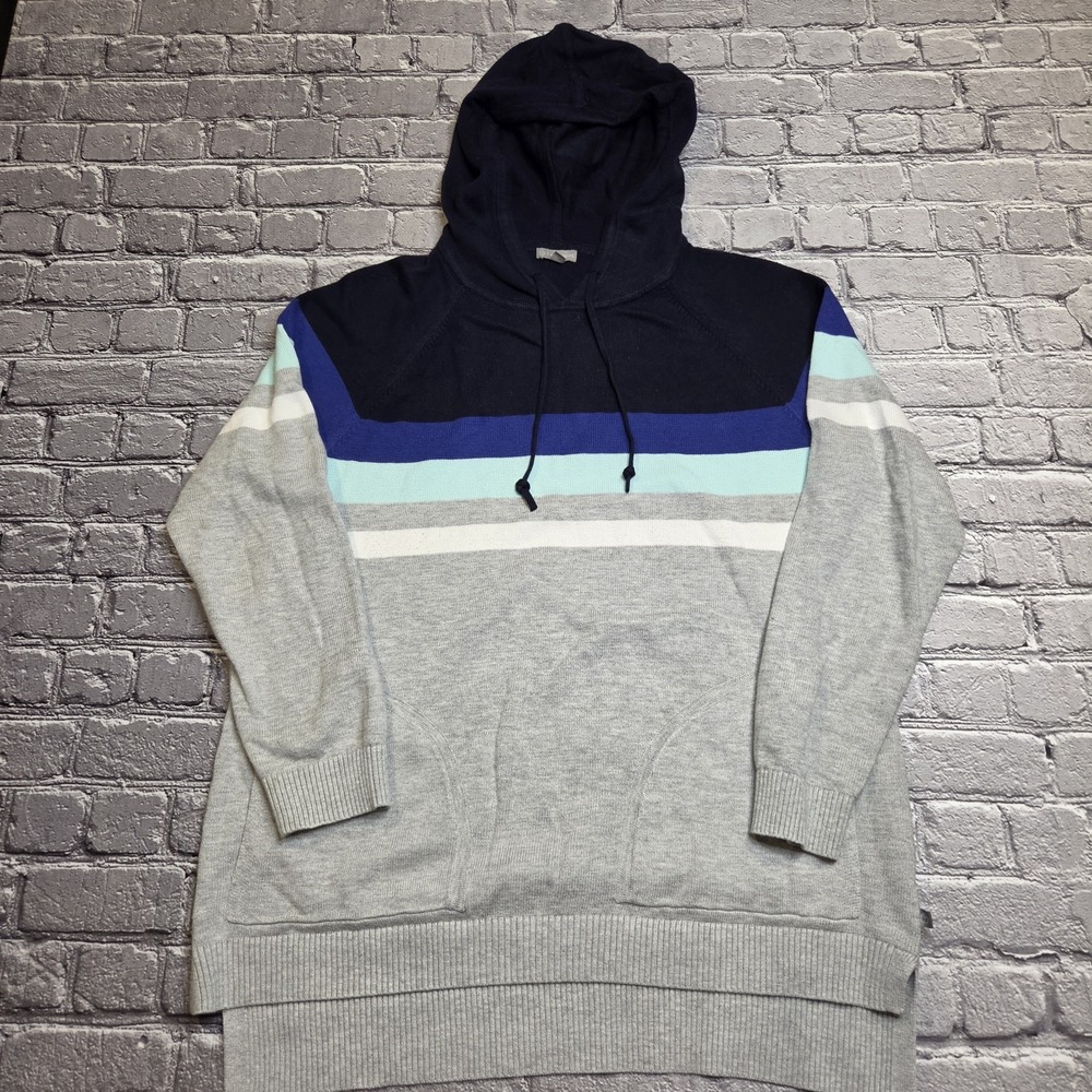 Talbots Sweater Womens Size Large Gray Blue Striped Knit Hoodie Pockets Casual